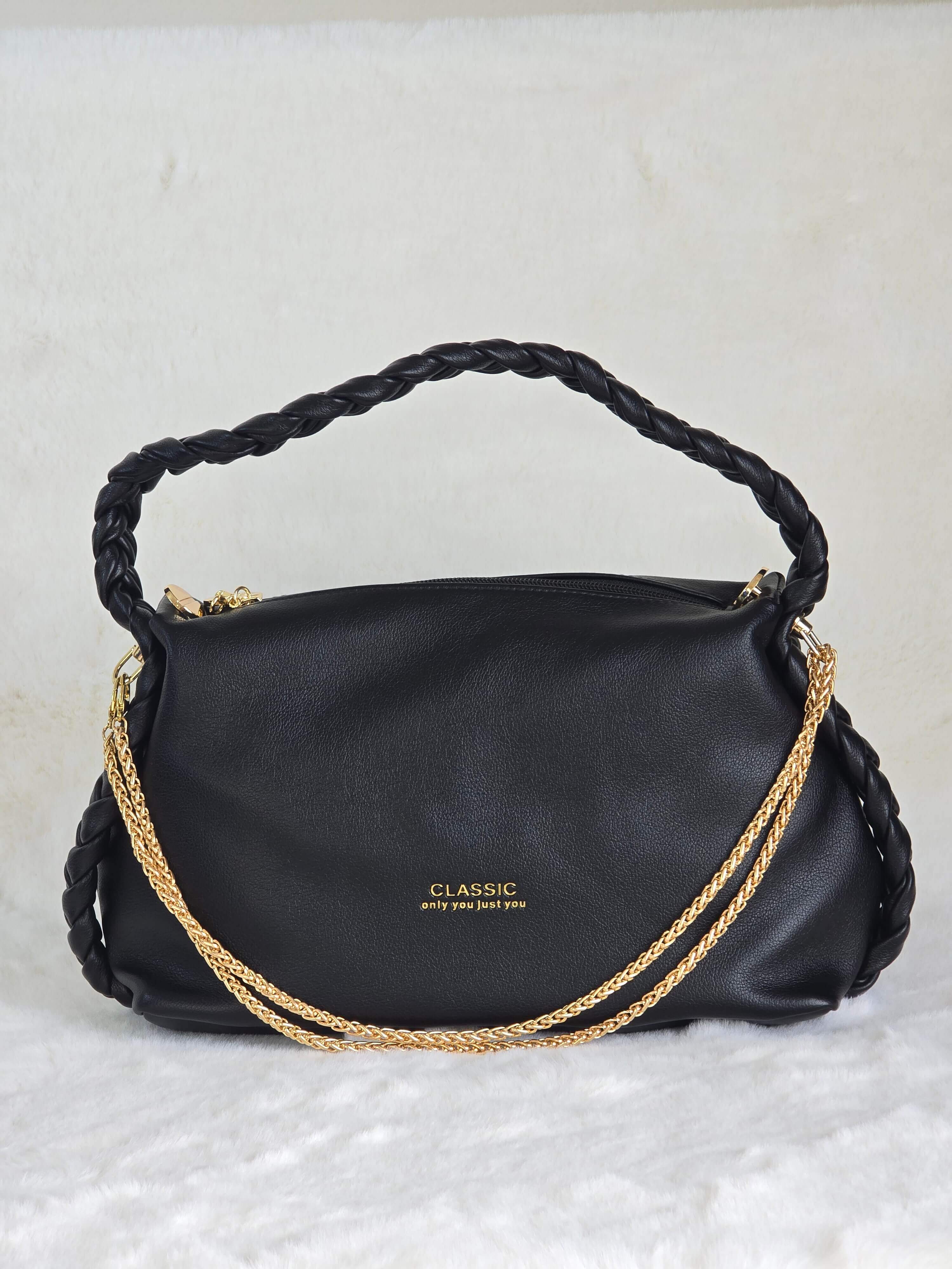 Luxe Braided Shoulder Bag - Black Medium